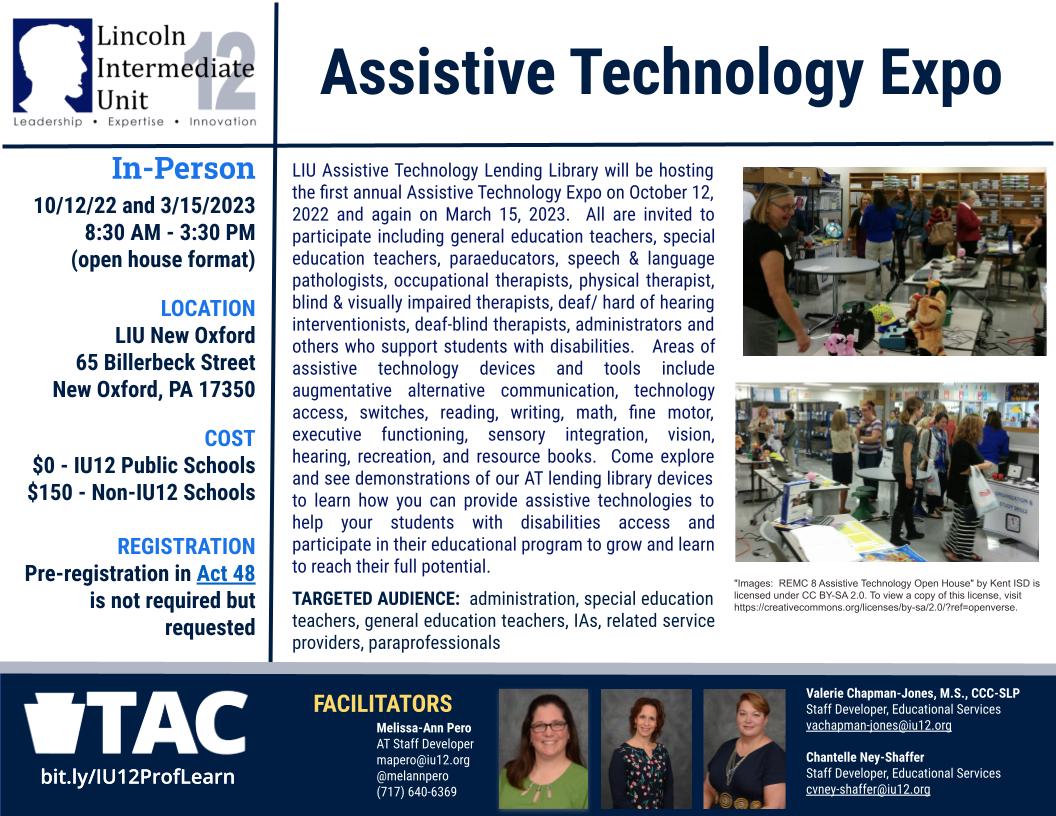 LIU12_AT's tweet photo. Join us at LIU 12 for our first Assistive Technology Expo! Learn about all of the AT supports we have available to loan to support your students to gain more independence.  @LincolnIU12 @LIU12_PD @LIU12_TaC #ATexpo #atlendinglibrary #AAC #augcomm #assistivetech https://t.co/JUwjsSxOyM