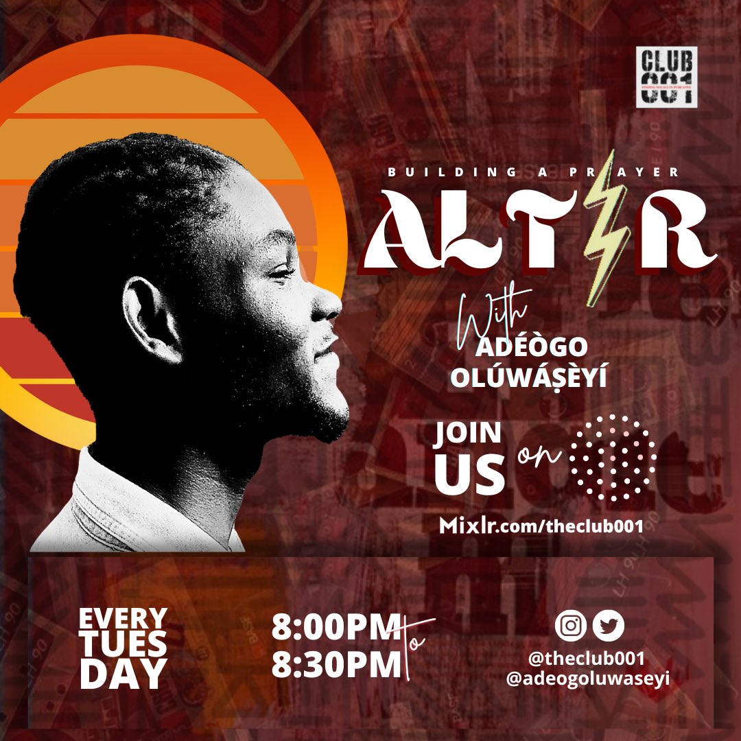 AdeogOluwaseyi's tweet photo. We are set to be at the ALT⚡️R.
Join us by 8pm.
We pray!
❤️🫀
https://t.co/cM4w5WnuKv
#CLUB001 #ALTAR https://t.co/IEwNK4vstu