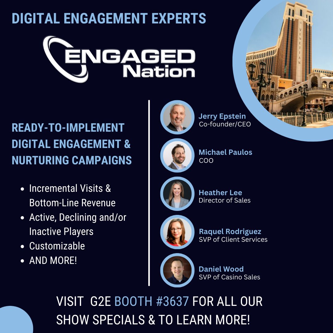 EngagedNation's tweet photo. #G2E2022 is only a week away and #EngagedNation is ready!
Come visit our dream team at #Booth 3637 & learn how we can effectively engage your players in a fun and rewarding way. Then ask us about our SHOW SPECIALS!
Schedule a time below:
https://t.co/41q6knu1qG
See you soon! https://t.co/4X3EFQxXPU