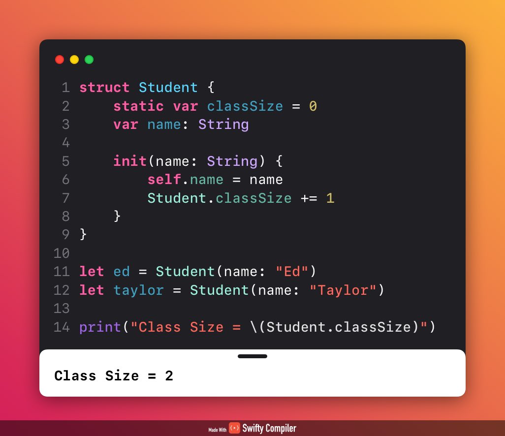 andresr_develop's tweet image. Day 9 of #100DayOfSwift ✅. I think this example makes it very clear that static properties will always point to the same space in memory.

#iOSDev #SwiftLang