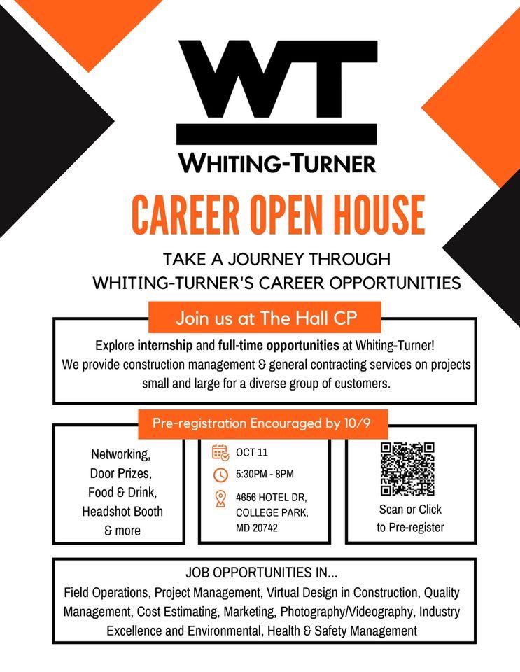 UMDASCE's tweet photo. Whiting-Turner is holding a career open house on October 11th from 5:30 to 8:00! Come out to explore their internship AND career opportunities; there will be plenty of food and other things to do! We encourage you to RSVP by October 9th; link is https://t.co/BbBzVLwSRm 👷‍♂️🤝 https://t.co/u0Id2Os93G