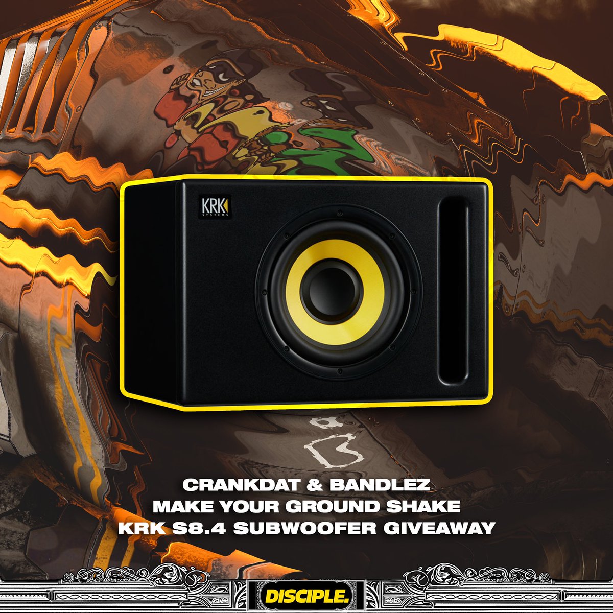 YOOOO so to celebrate “ground shake” w/ @bandlez coming out friday WE’RE GIVING AWAY A SUBWOOFER SO YOU CAN MAKE YOUR GROUND SHAKE 🫠🫠🫠 all you gotta do is presave at linktr.ee/disciple and retweet this tweet and you’ll be entered to win GO GET ITTT