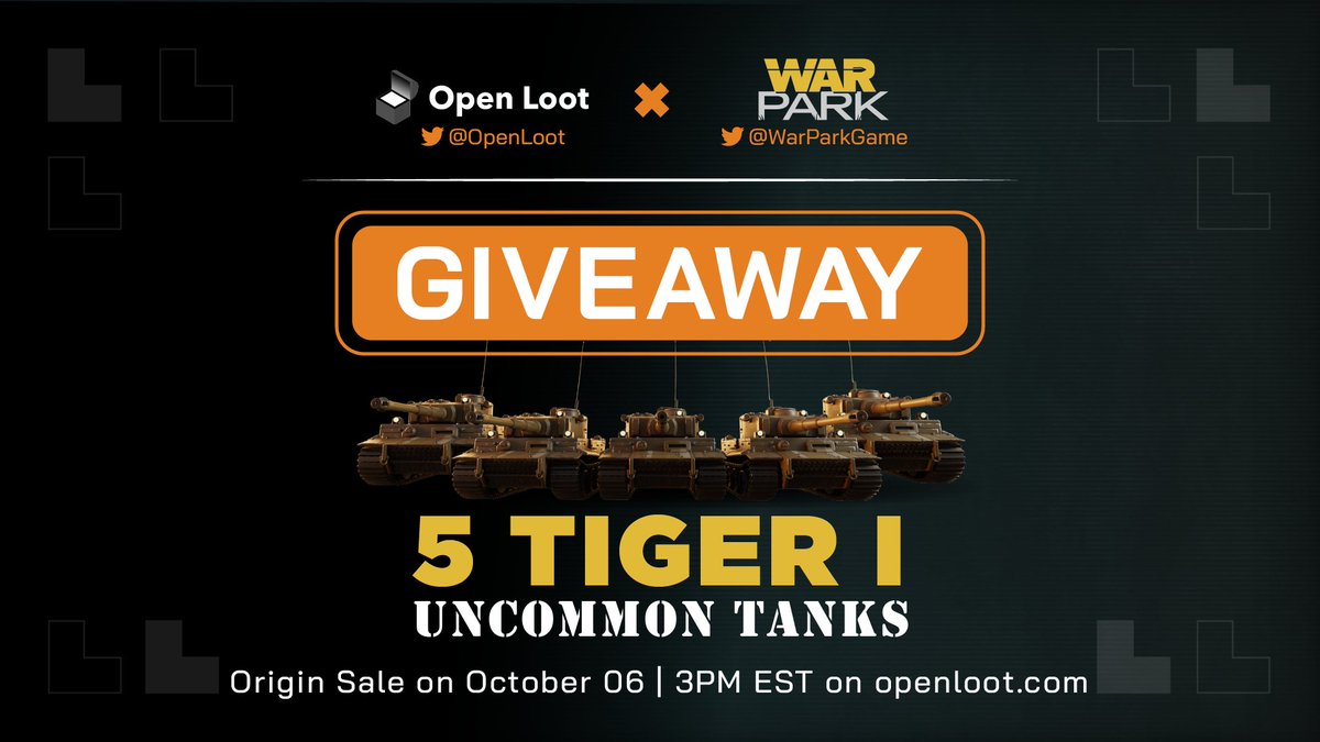 We've got a fantankstic giveaway to celebrate our first Tank sale with <a href="/OpenLoot/">Open Loot</a>!💥

Prizes:
🏆 5x Tiger I - Uncommon Tanks

To Enter:
🔂 Retweet this tweet, follow <a href="/WarParkGame/">WarParkGame</a> and tweet using #WarParkGiveaway

📢 We'll announce the winners on October 21st in our Discord AMA