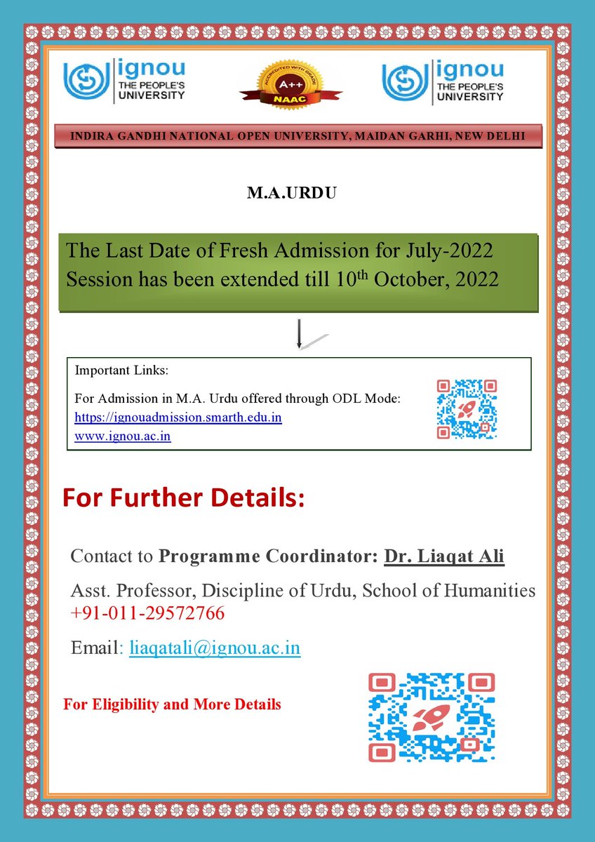 The last date of fresh admission for PG Urdu has been extended till 10 October 2022.