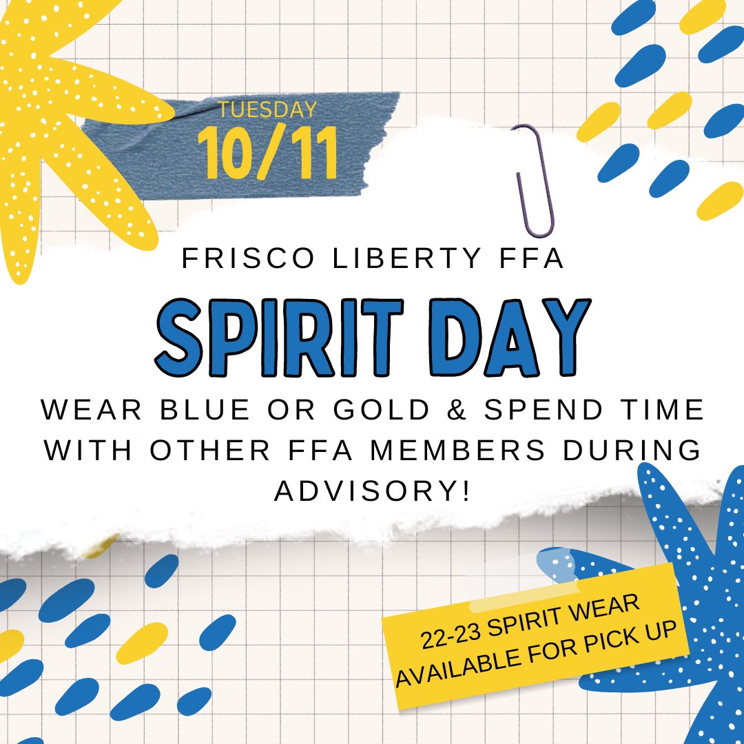 FFA merch is in! Join us next week for our spirit day to pick up your order &amp; hang out with other FFA members. Be sure to wear blue and/or gold for your FFA credit!