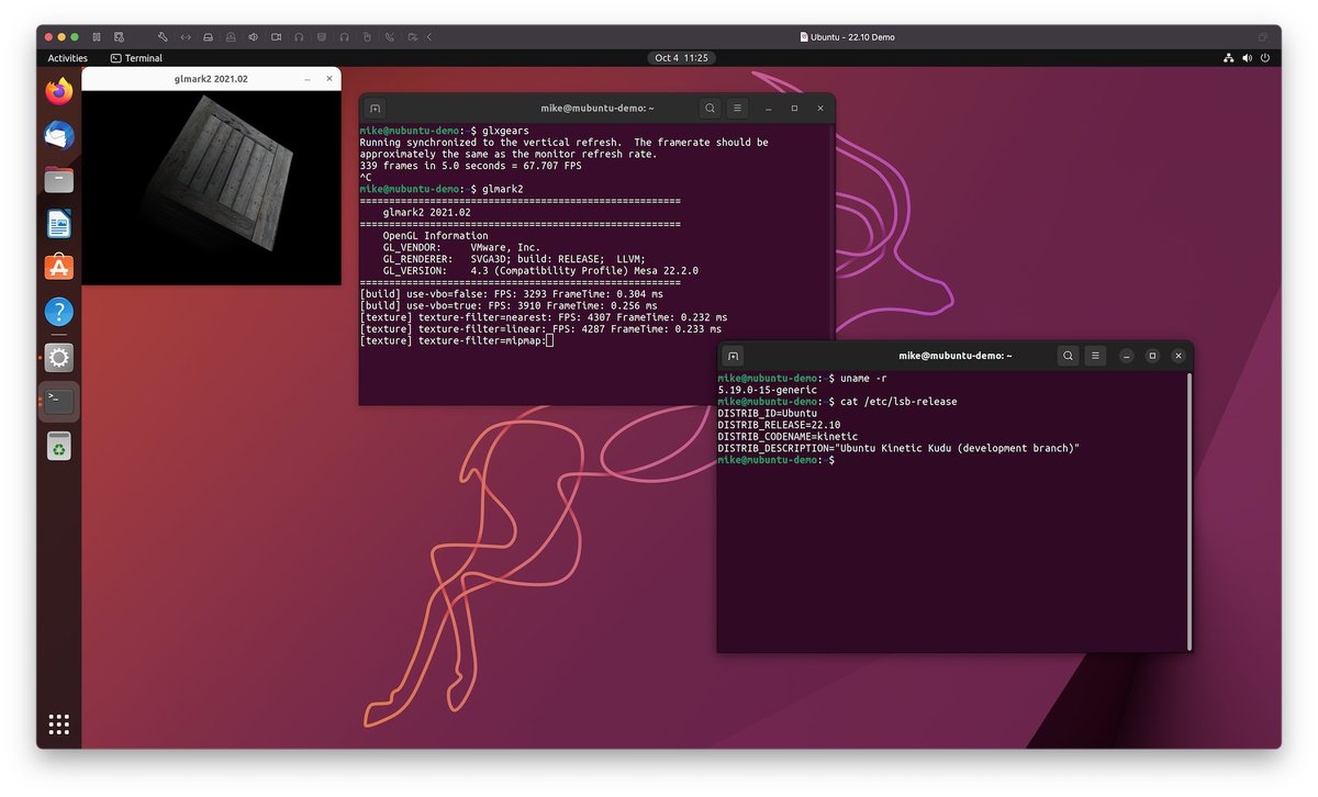 mikeroySoft's tweet image. Hey cool, Ubuntu 22.10 on Arm doing full 3D now out-of-the-box in @VMwareFusion =)

(Screenshot taken at 4K on a Studio display)