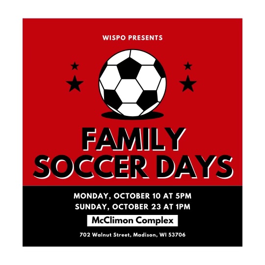Join WISPO families at UW-Madison’s free soccer games this fall! Bring the kids, friends and family to cheer on the Badgers at McClimon Memorial Soccer Complex, located on UW-Madison campus.#UWMadison