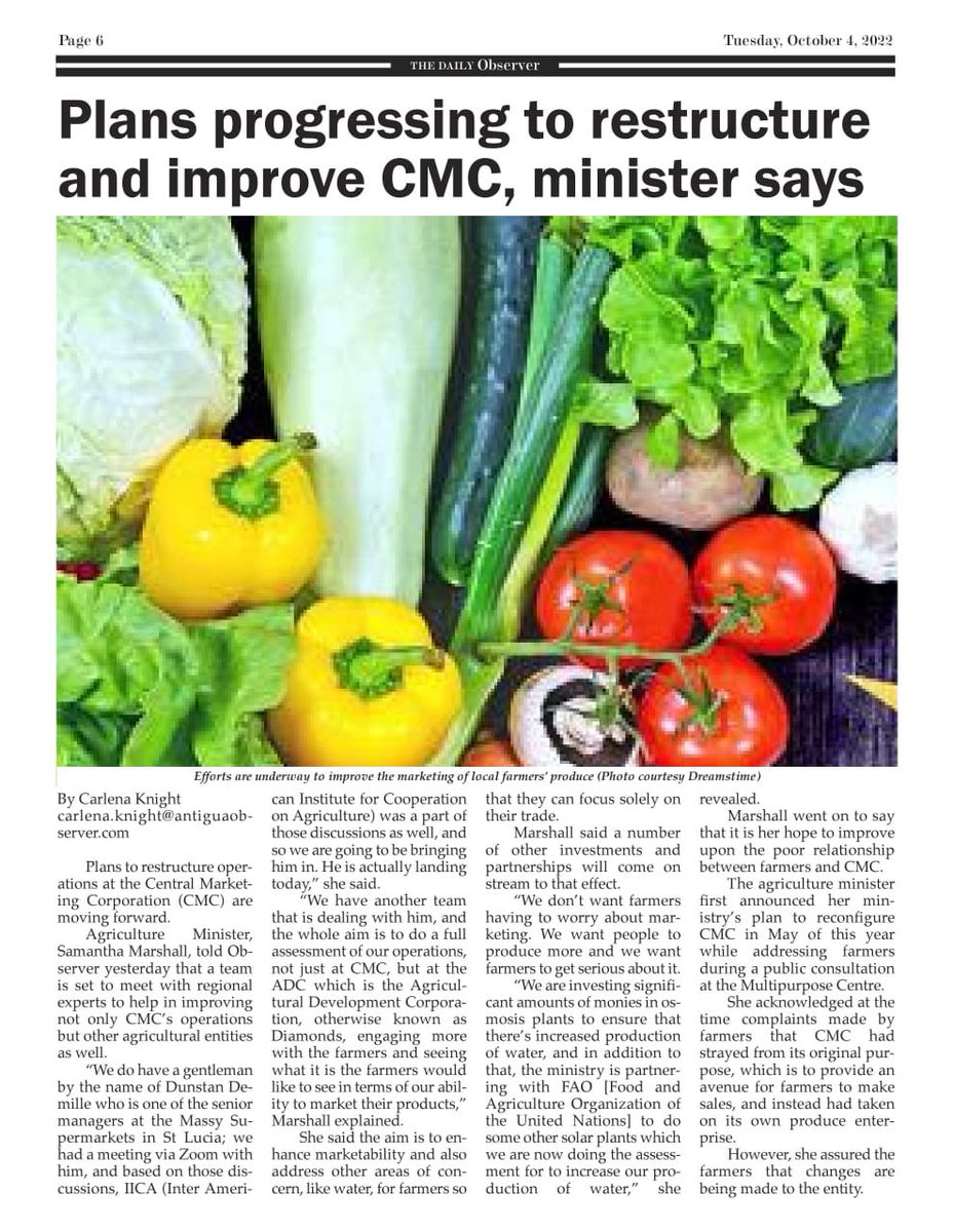 📍🇦🇬 
Hon. Samantha Marshall shares the progress on the Central Marketing Corporation and highlights the technical cooperation between IICA and MASSY Stores Ltd. Saint Lucia to guide the improvement of the CMC.