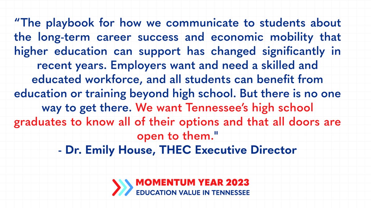 TNHigherEd's tweet photo. "We want Tennessee’s high school graduates to know all of their options and that all doors are open to them." - @houseea, THEC Executive Director https://t.co/wh5YYhMack