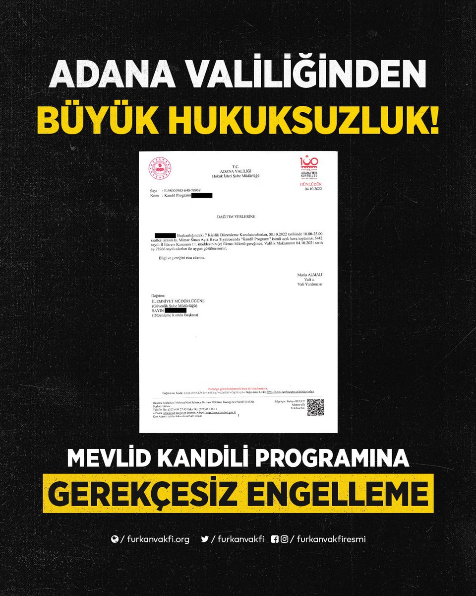 ADANA VALİLİĞİNDEN BÜYÜK HUKUKSUZLUK! MEVLİD KANDİLİ PROGRAMINA GEREKÇESİZ ENGELLEME!  İslamiPrograma ValilikEngeli