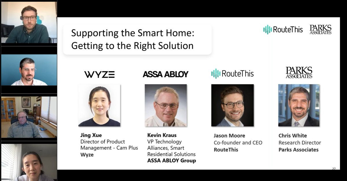 MindiSue00's tweet photo. Learning more about ways to support the #smarthome! Speakers from @WyzeCam @ParksAssociates @ASSAABLOYDSSUS #routethis #parkswebinar https://t.co/fIfxCRRAk4