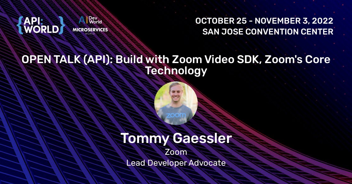 Thrilled to announce I am speaking at @APIWorld 2022 in San Jose, California! I will be sharing about the @Zoom Video SDK (Zoom’s core technology), and showing an interactive demo! Let me know if you are interested in attending API World, we have a few tickets left to give out!