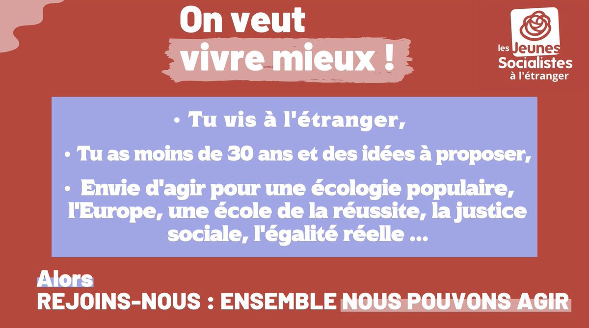 JS_etranger's tweet photo. Les Jeunes Socialistes à l'étranger se reforment ! 

Nous voulons agir pour la justice sociale, l'écologie et l'universalisme, débattre librement et porter des combats pour vivre mieux. 

Jeune de gauche, optimiste et universaliste, rejoins-nous ! 🌹🌍

https://t.co/deDVNv89Aw https://t.co/O2vd8ketVO
