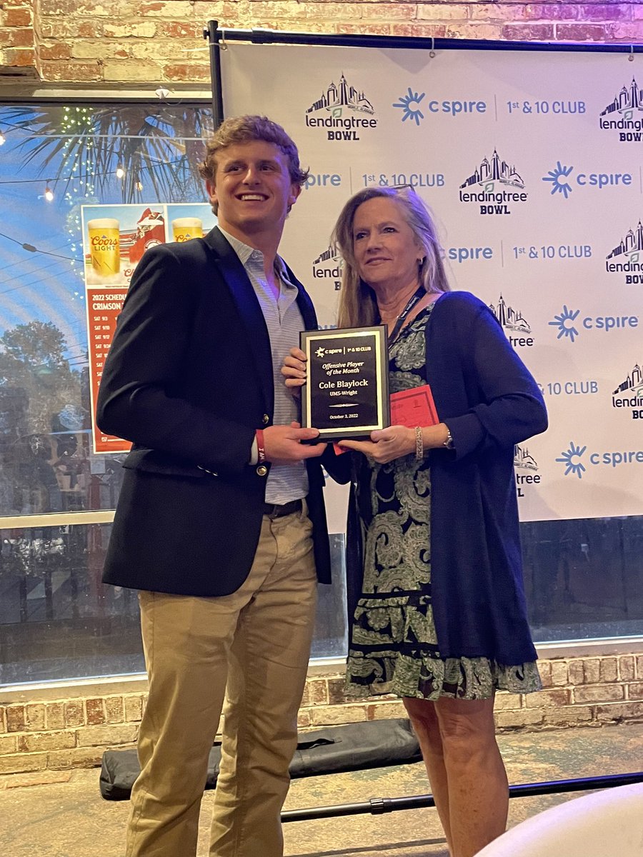 UMS_W_Athletics's tweet photo. Last night at the C-Spire 1st &amp; 10 Club dinner, Cole Blaylock was recognized as the August player of the month.
Congrats Cole! https://t.co/HpEIVd9dtt