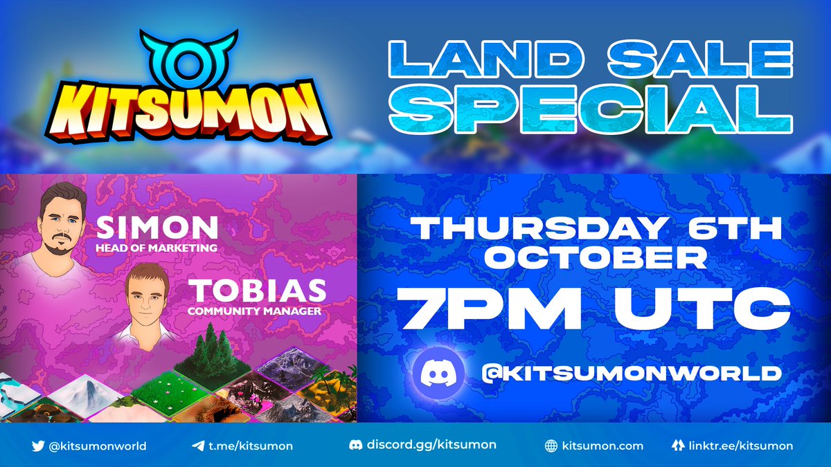 KitsumonWorld's tweet photo. 🔥LAND SALE AMA🔥

Join Tobias &amp; Si on Discord this Thursday 6th October @ 7PM UTC  with a deep dive on topics around the Land Sale initiative😻

Join the Kitsumon Discord Server here👉https://t.co/cct2lCXKi2 
Thread name #LandSaleAMA 👀

See you there https://t.co/Hoaof8FcBd