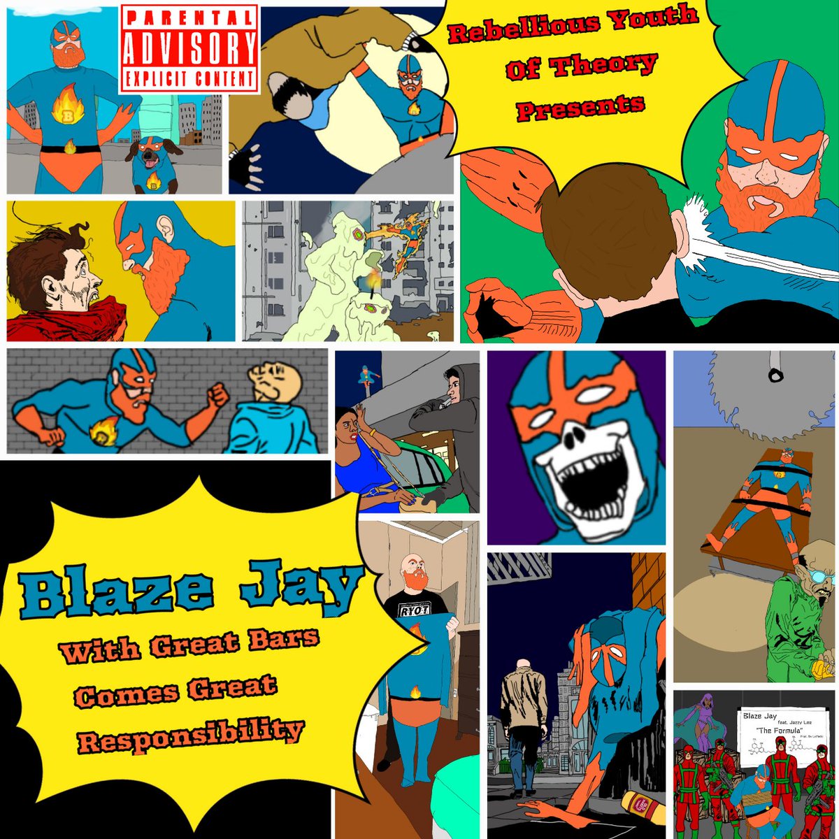 BlazeJay121's tweet photo. decided that my original design for the cover was no longer good enough, so I present to you the official cover of "With Great Bars Comes Great Responsibility"  dropping later this year  #WithGreatBarsComesGreatResponsibility #BlazeJay  #RebelliousYouthOfTheory #RYOT #HipHop #Rap https://t.co/bMnKbwMTzM