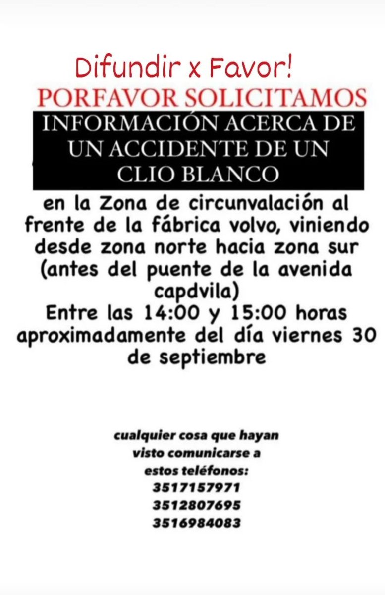 ConsuEliesB's tweet photo. Una amiga tuvo un accidente en un Clío blanco el día Viernes 30 de septiembre a la siesta en circunvalación a la altura de la concesionaria Volvo. Por el momento no hay testigos y necesitamos esclarecer los hechos! Por favor difundir 🙏🏼 Gracias https://t.co/8wXVmDlVci