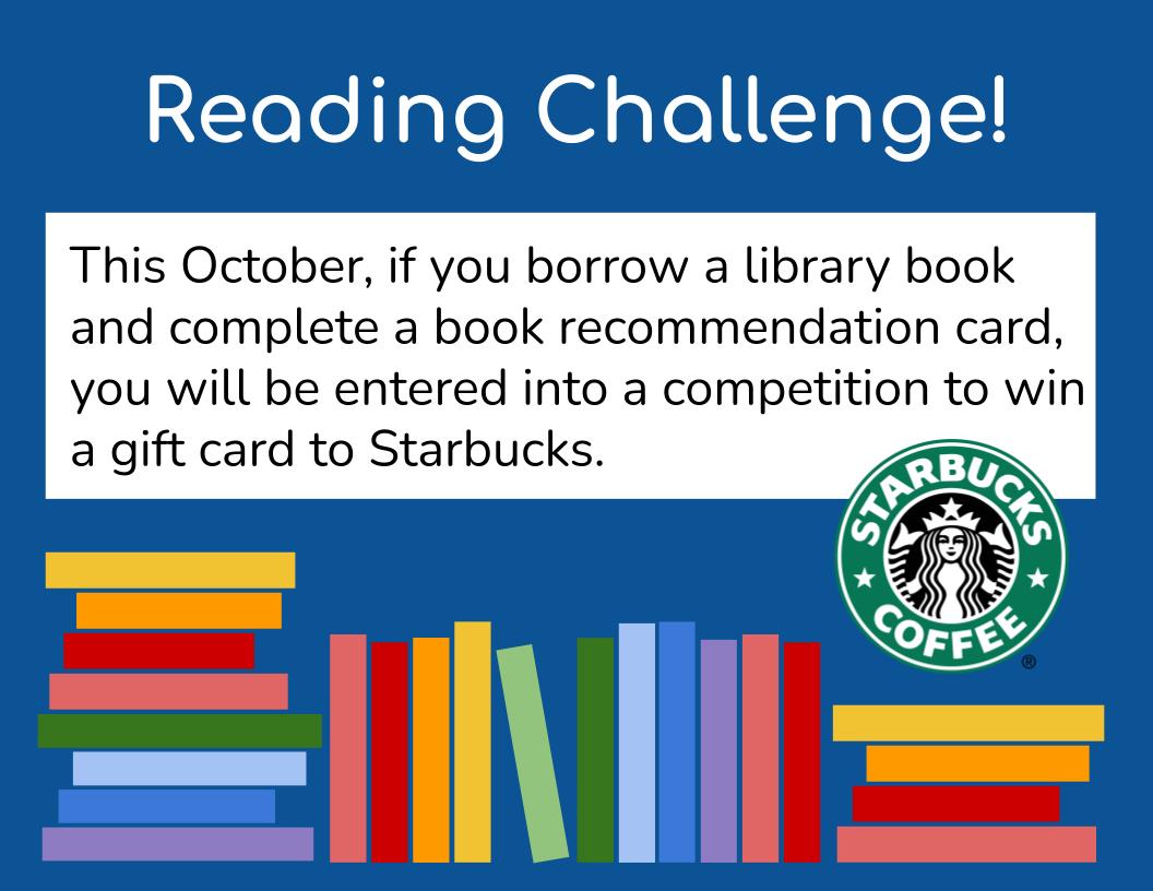 HHS_MediaCenter's tweet photo. This October in the HHS Media Center--if you borrow a book and write a book recommendation your name will go into a drawing for one of three Starbucks gift cards! https://t.co/rl3OGbrsJ4