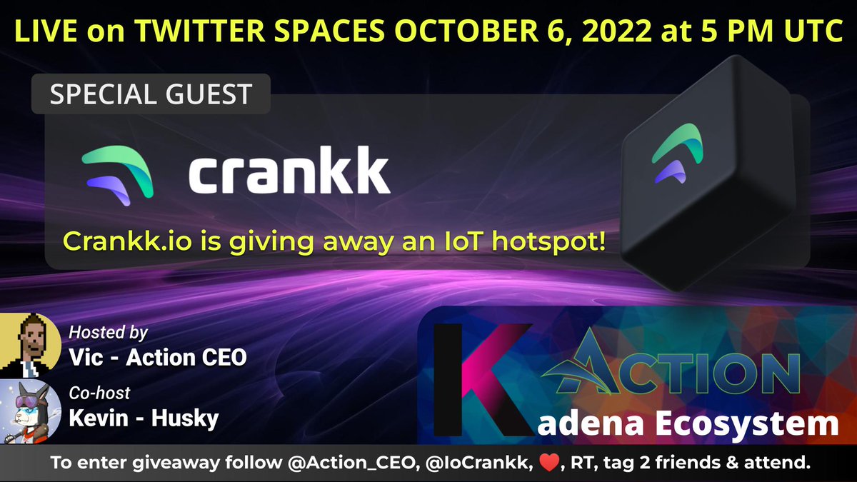 ActionCEO's tweet photo. 🔥Kadena Ecosystem Spaces🔥
🎁 @IoCrankk is giving away an IoT hotspot!
🗓 Oct 6, 2022 ⏰ 5PM UTC
🔗 https://t.co/qlgsHvYl9T
🎩 #SpacesHost @actionceo
🦸♂️ Cohost @Howling__Husky
#KadenaEco is growing, and we want you to learn all about it.
@kadena_io #ActionCrypto $KDA https://t.co/ZwN1bveYzr