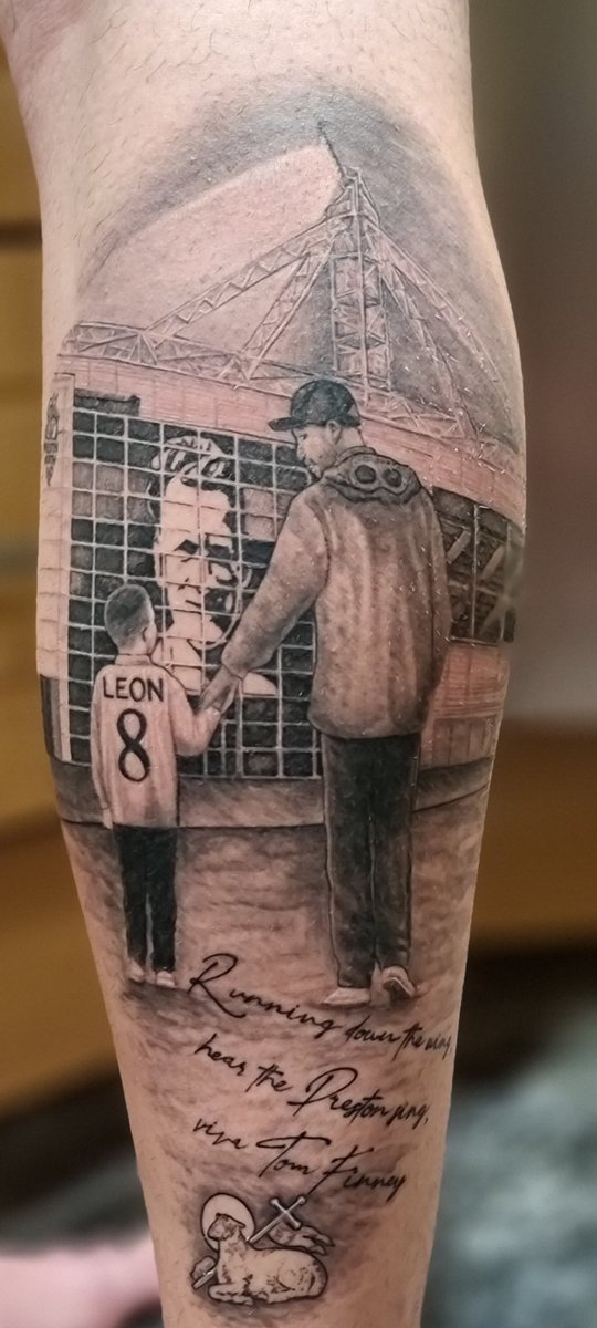 Calf tattoo i had done of me and my son outside @pnefc. Been waiting for it to heal before posting. Really happy with it 😁⚽️ viva Tom Finney