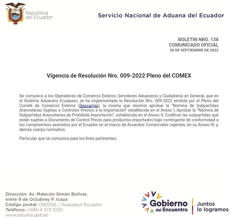 SMXaduana's tweet photo. Entra en vigencia Resolución N°009-2022 Pleno del COMEX. la cual detalla en sus Anexos el listado de nuevas subpartidas arancelarias con restricción y prohibición: https://t.co/NlKblDq00C