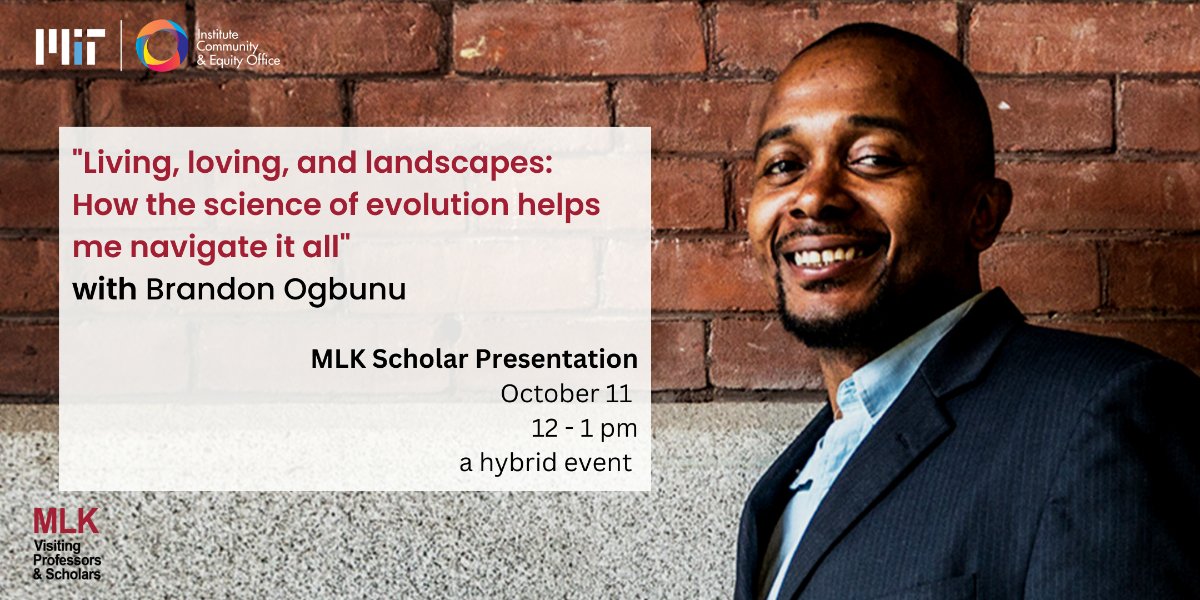 MIT Chemistry (@chemistrymit) on Twitter photo Register today for our MLK Visiting Professor Brandon Ogbunu (<a href="/big_data_kane/">C. Brandon Ogbunu</a>)'s hybrid presentation, "Living, loving, and landscapes: How the science of evolution helps me navigate it all", to be held on Tuesday, October 11 at 12:00PM ET.
eventbrite.com/e/mlk-scholar-… Register today for our MLK Visiting Professor Brandon Ogbunu (<a href="/big_data_kane/">C. Brandon Ogbunu</a>)'s hybrid presentation, "Living, loving, and landscapes: How the science of evolution helps me navigate it all", to be held on Tuesday, October 11 at 12:00PM ET.
eventbrite.com/e/mlk-scholar-…