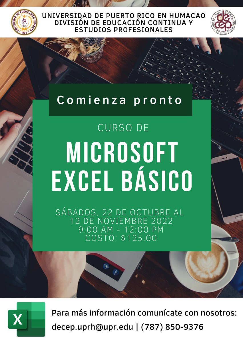 DecepUPRH's tweet photo. ¡Ya casi comienza el curso de Microsoft Excel básico! Así que asegúrate de que no te lo pierdas. Reserva tu espacio enviándonos un email a decep.uprh@upr.edu o llámanos al (787) 850-9376. https://t.co/kzdlQaHdjb