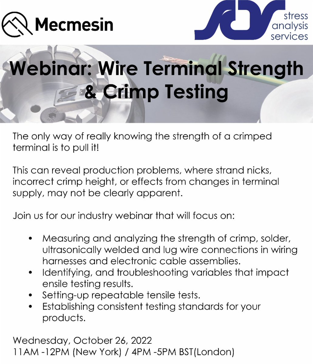 SensorSource's tweet image. Register today for @mecmesin upcoming webinar on Wire Terminal Strength and Crimp testing. info.mecmesin.com/26-oct-2022wir…