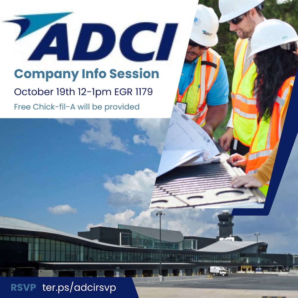 UMDASCE's tweet photo. Airport Design Consultants, Inc. will be holding an info session with us on October 19th from 12-1pm in EGR1179! Come out to speak with the company and learn a little more about what they do. RSVP so we can get you guys Chick-fil-A; https://t.co/ejOqWEBqFU! See y’all there ✈️✈️ https://t.co/qv67nxjx1J