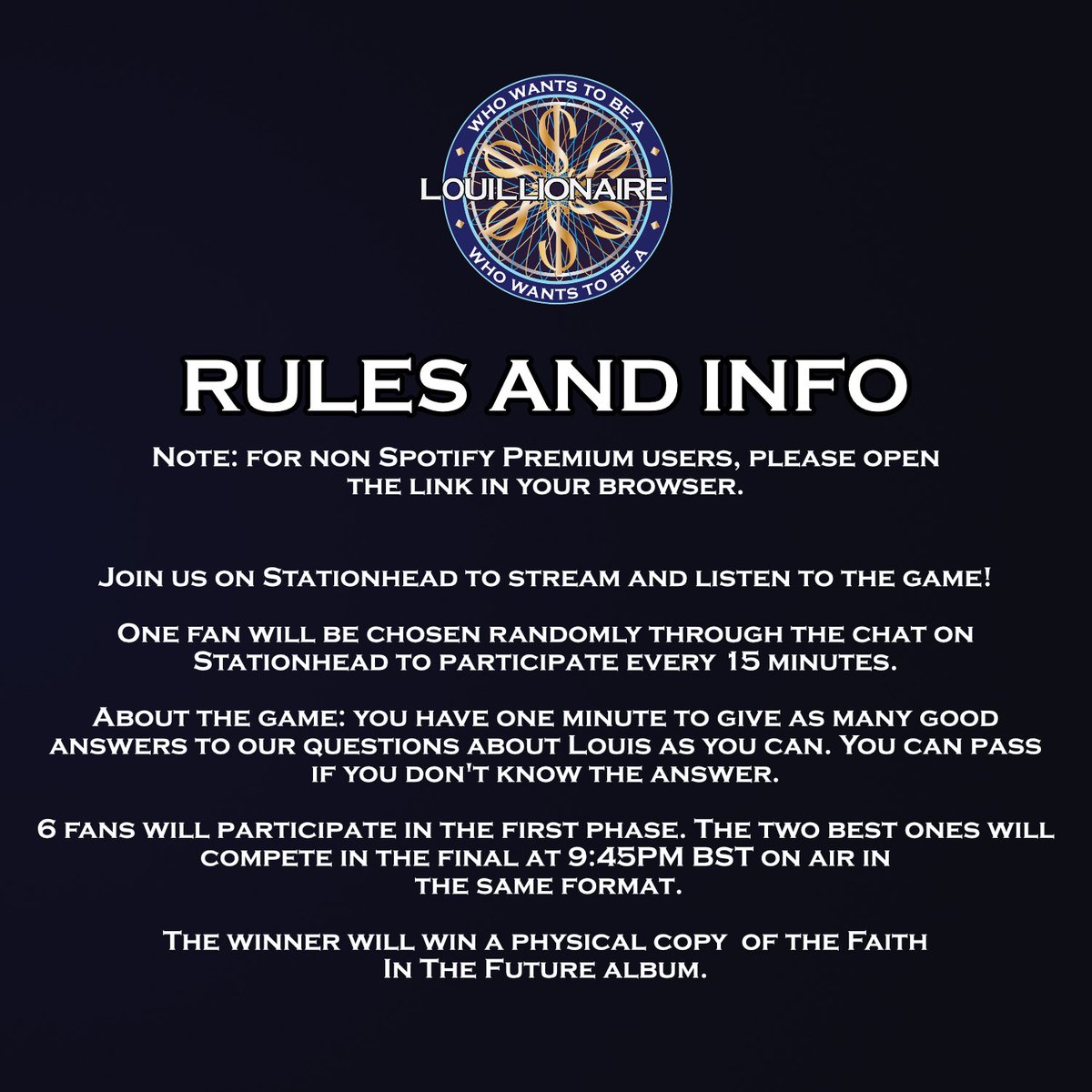 🚨| LOUIES ! 

Our ‘Who Wants To Be A Louillionaire’ starts in just a little over 10 minutes ! 

If you don’t have Spotify premium, launch the free trial or try to open it through your browser. 

Join us to stream, play and win the album: share.stationhead.com/7zgMYRfbN3S

READ MORE INFO👇🏻