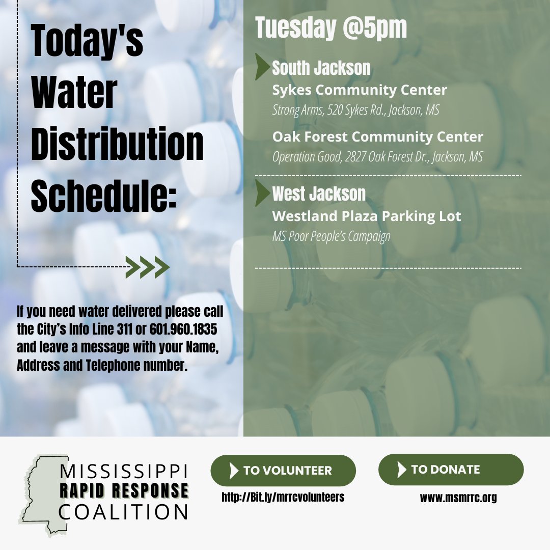 lumumbasvision's tweet photo. Here is today's MRRC water distribution schedule!

We will be distributing water at Sykes Community Center, the Oak Forest Community Center, and the Westland Plaza Parking Lot starting at 5 PM. https://t.co/uIXuKywet8