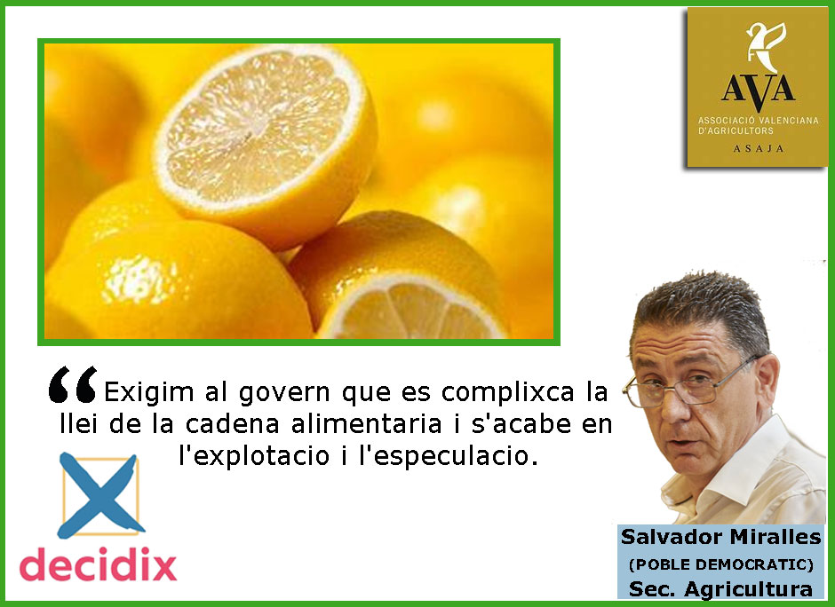 decidix's tweet photo. 🔴AVA-ASAJA Alacant denuncia, en "Hablando Claro" de TVE1, que la llima el llaurador la cobra a 0,20€/Kg i es ven a casi 3€/Kg.
🍋No entenen cóm la mateixa llima es trobe mes barata en Alemanya que aci.
#explotacio #inflacio #especulacio #llaurador #Decidix https://t.co/l4mAT7tyhg