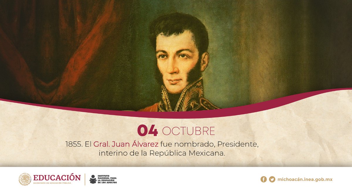 INEA_Mich's tweet photo. El Gral. Juan Álvarez Hurtado, lanzó el Plan de Ayutla, para derrocar a su Alteza Serenísima, Antonio López de Santa Anna, que estaba llevando el País al despeñadero. 

Santa Anna, deja el poder y Don Juan Álvarez, ocupa la Presidencia del 4 de octubre al 11 de diciembre de 1855. https://t.co/qX9j4ZK4fL