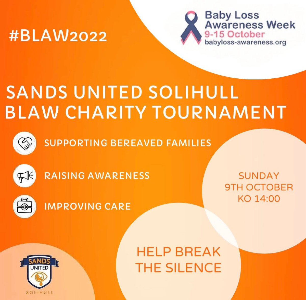 SufcBrum's tweet photo. 🧡BLAW Tournament 💙

It’s now only 5️⃣ days untill #BLAW2022 and our BLAW charity tournament at the Land Rover Sports &amp; Social Club on the 9th October with a 14:00 kick off

Teams -

Sands United Solihull 
@SUFC_Lborough
@hcrangersfc 
@BirminghamNHSFC 

@SandsUK @SolihullUpdates https://t.co/BdQReixbOH