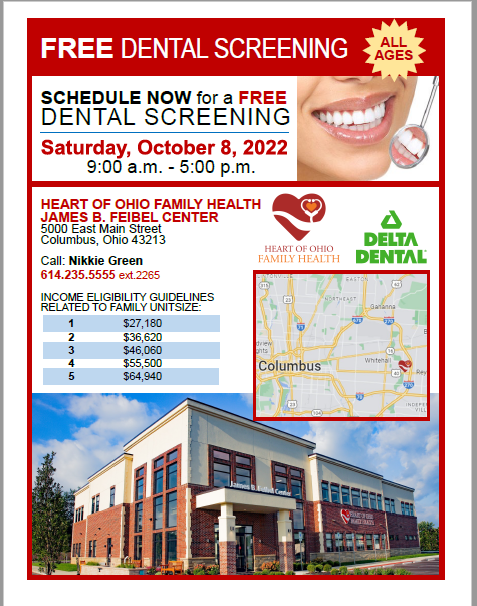 HeartOfOhio's tweet photo. Free Dental Screening:  Saturday, October 8 from 9am to 5pm at Heart of Ohio Family Health James B Feibel Center, 5000 E. Main Street! https://t.co/mzYNguYJ74