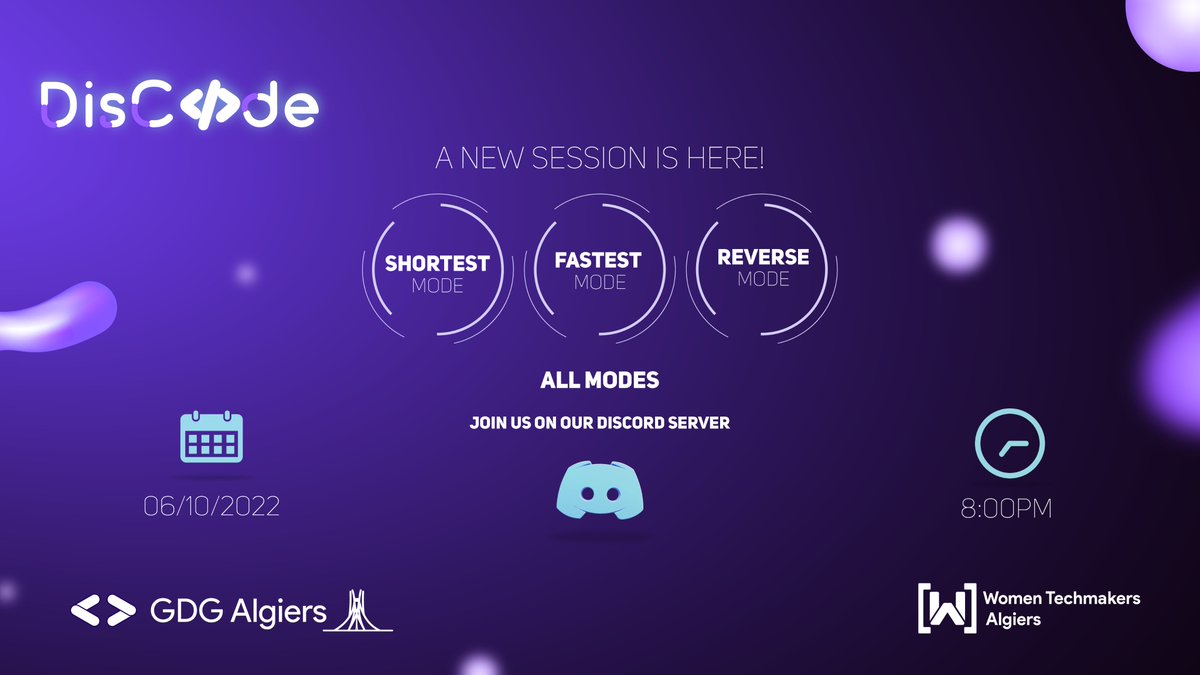 AlgiersWTM's tweet photo. Join us this Thursday on our #Discord server in another discode session that includes all modes to double your chances to win.
Waiting for you in our magic land.
#gdg #wtm #discord #ClashofCode #CodinGame https://t.co/i6mnPKwRtQ