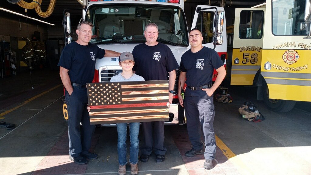 OFDFFGentry's tweet photo. After being at the downtown fire for a few hours the other day, we get back to the station to see this!!! This amazing young man named Joe Pottebaum made this wooden flag by hand for us. It really made me feel so appreciated after the fire we had just finished. Thank you Joe 😇 https://t.co/GRY4hpbcCo