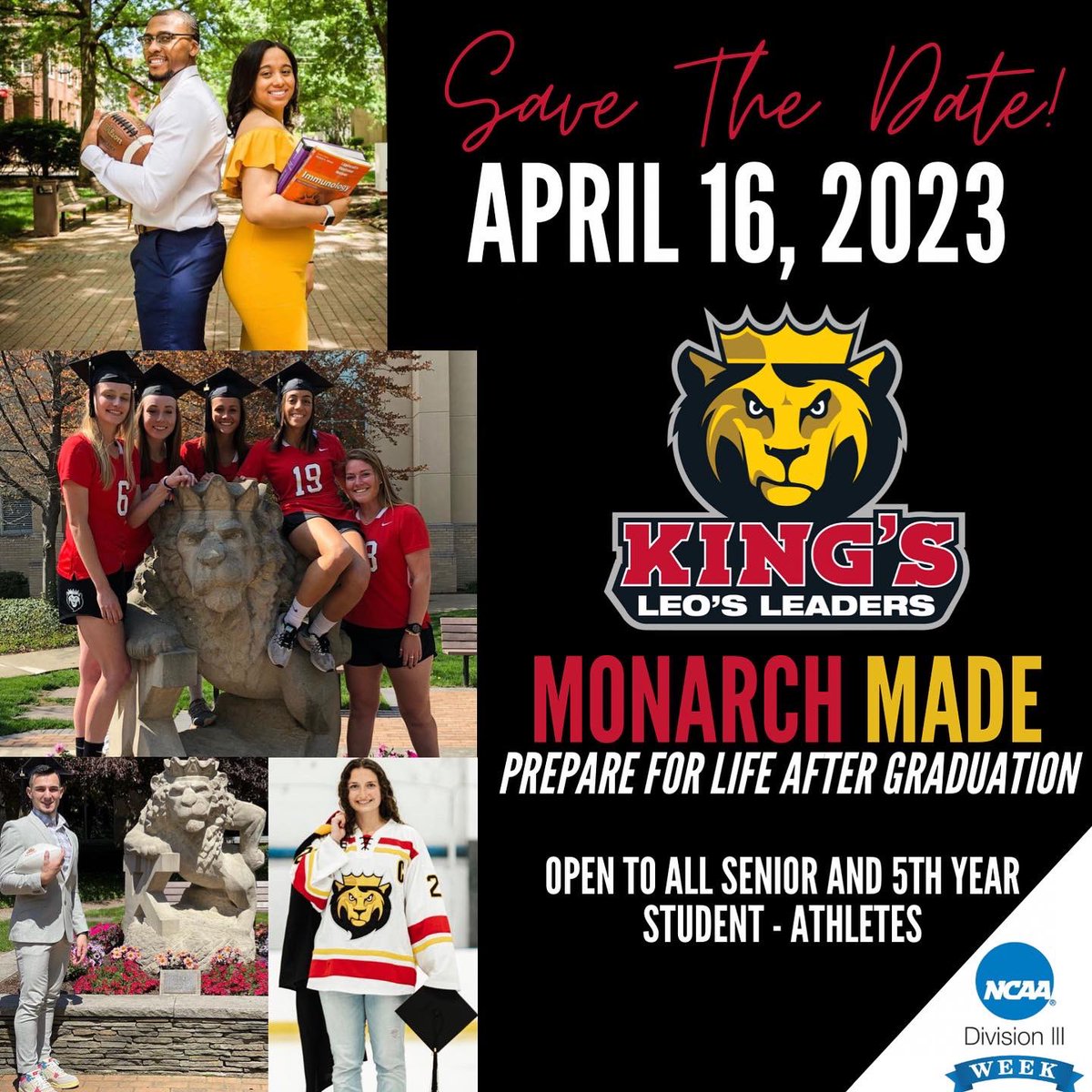 KC_SAAC's tweet photo. Sunday, April 16 || Monarch Made! 🎓Seniors and 5th year student- athletes - our second Leo’s Leaders event - Monarch Made is for you and all about preparing for life after collegiate athletics. https://t.co/rgxKxKXEqn