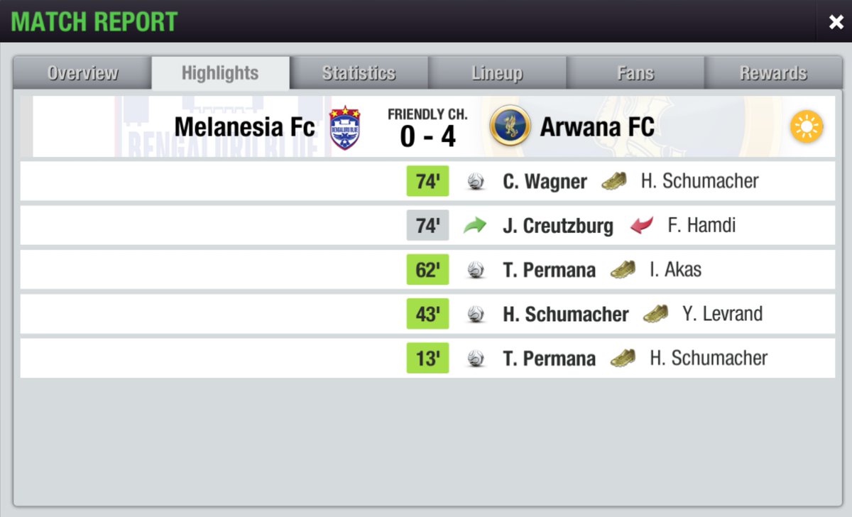 LIGA 1 <a href="/LigaTopEleven/">Liga Top Eleven Indonesia 🇮🇩</a> SEASON 21
Match 1️⃣8️⃣

<a href="/Melanesia_FC/">Melanesia Fc</a> 0-4 Arwana FC
-
⚽⚽ T. Permana 13', 62'
⚽ H. Schumacher 43'
⚽ C. Wagner 74'

Tiga poin berharga dari tanah Papua.

#COYBD
#TopEleven
#LigaTopEleven
#Liga1S21