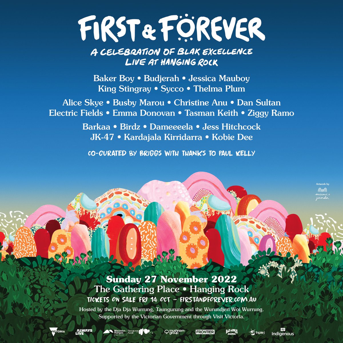 FIRST & FOREVER! A celebration of First Nations music and artists! Line Up is including: @ThelmaPlum_ @bakerboymusic @alicedotskye @EmmaDonovanDAWN @BudjerahS KING STINGRAY… Curated by @Briggs w/ Paul Kelly NOV 27 @ THE GATHERING PLACE, HANGING ROCK! firstandforever.com.au