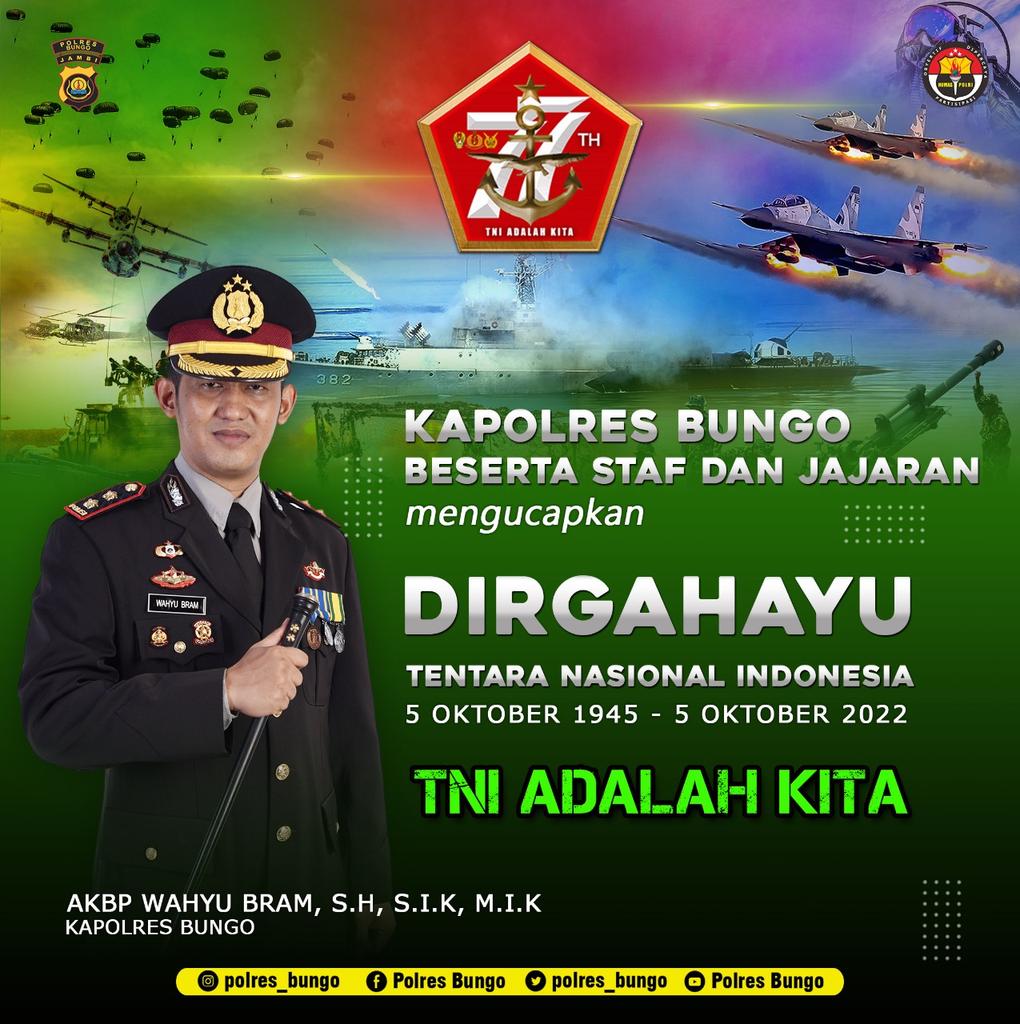 polres_bungo's tweet photo. *DIRGAHAYU TNI KE-77 Tahun 2022*
Kapolres Bungo beserta Staf dan Jajaran Mengucapkan Selamat HUT TNI ke-77 tahun 2022
Semoga TNI Semakin Jaya Dan Semakin Dicintai Rakyat
"TNI ADALAH KITA"
#polresbungo
#HutTNIke-77
#SinergitasTNI-Polri
#SoliditasTNIPolri
@Kodim0416Bute https://t.co/wY3CWIllHC