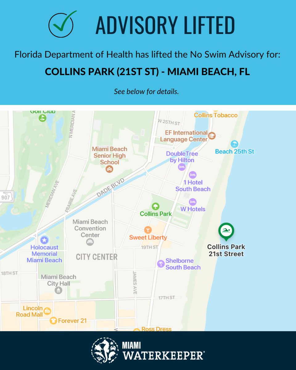 MiamiWaterkpr's tweet photo. β
ALL CLEAR β
The Florida Department of Health has lifted the No Swim Advisory for Collins Park (21st Street). Enjoy the water!
#SwimGuide #SwimDrinkFish #WaterQuality #SwimSafely #WaterTesting #WaterMonitor #WaterQualityMonitoring #WaterQualityTesting #FloridaHealthyBeaches https://t.co/4d6KZDPxec