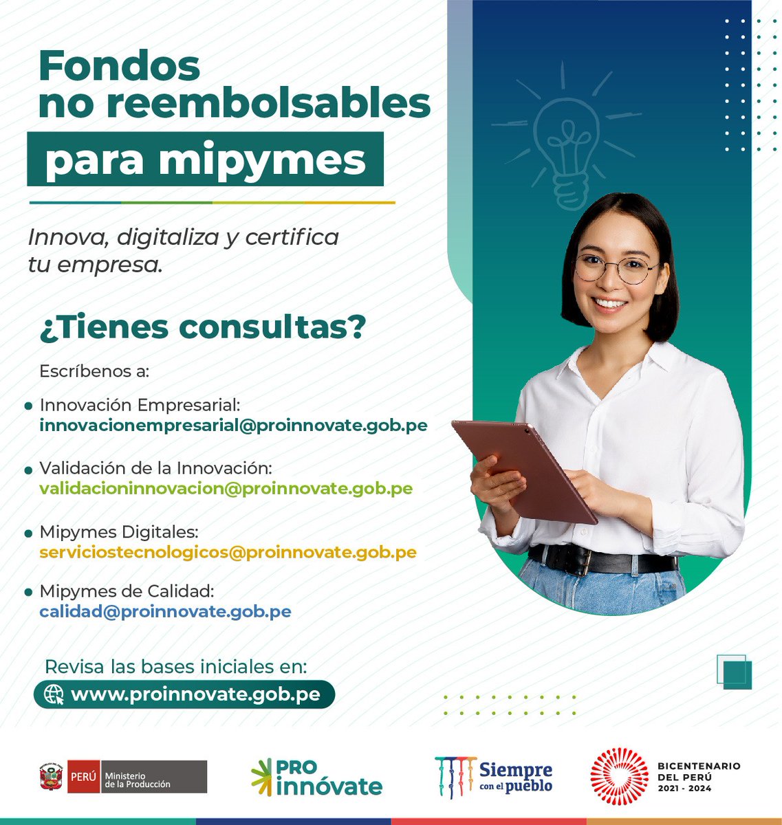 ¡Innova, digitaliza y certifica tu empresa! 💪 🇵🇪
Accede a los fondos no reembolsables de hasta S/ 500,000 que otorga #ProInnóvate a mipymes de diversos sectores a nivel nacional.
🌐 Revisa las bases iniciales de nuestros concursos en:
proinnovate.gob.pe