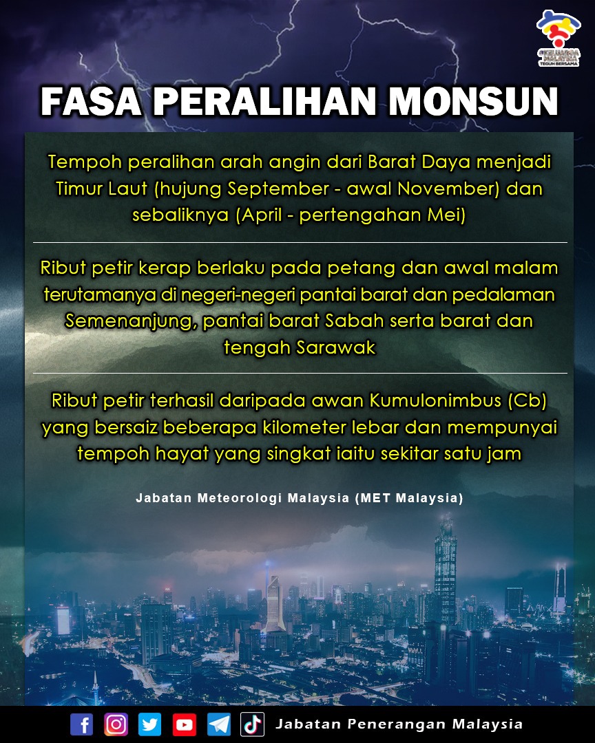 JPenerangan's tweet photo. Fasa peralihan monsun dijangka berterusan hingga awal atau pertengahan November, boleh menyebabkan berlakunya hujan batu dan puting beliung.

#KeluargaMalaysia
#JabatanPenerangan https://t.co/i7yqsia5dX