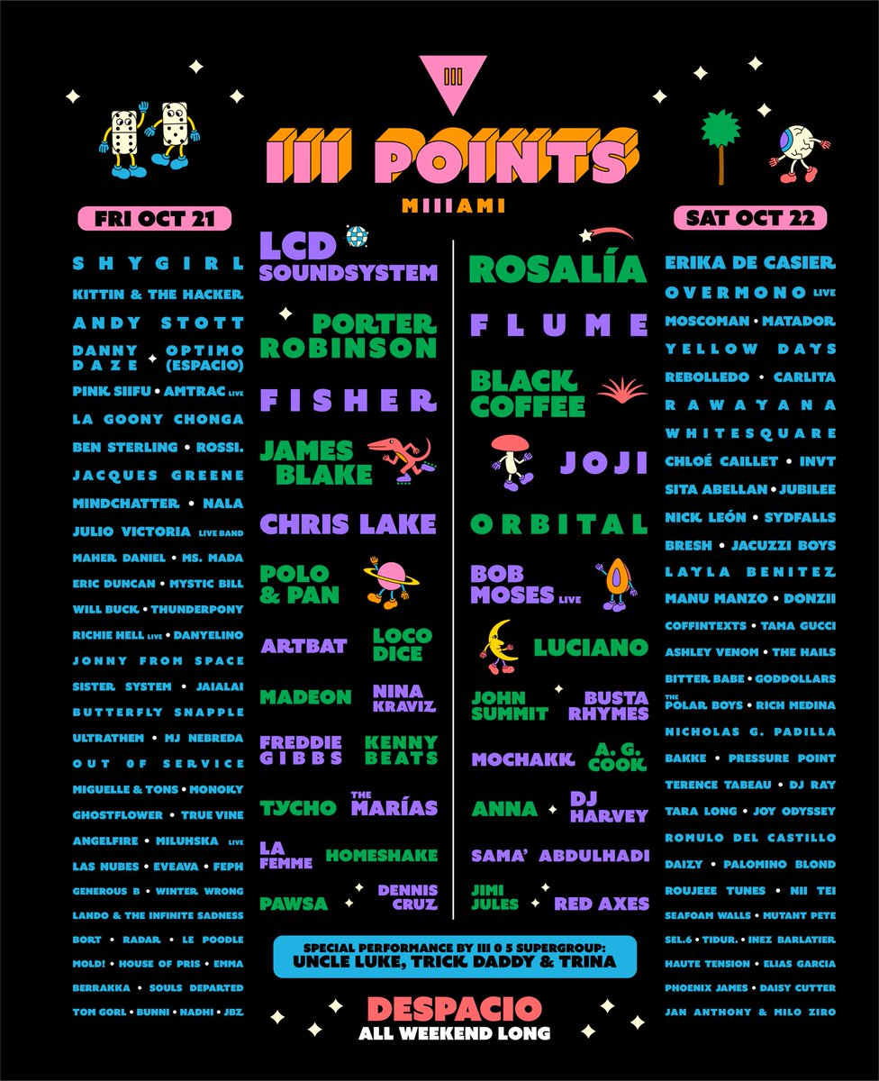 ColomaColoma's tweet photo. RT to spread the love of this bonkers line-up! RT to win 2 - 2 Day VIP tickets to @iiiPoints which is 80% sold out. Limited tickets available here -> https://t.co/jTP0EGzecC https://t.co/1ArVl3CfhA