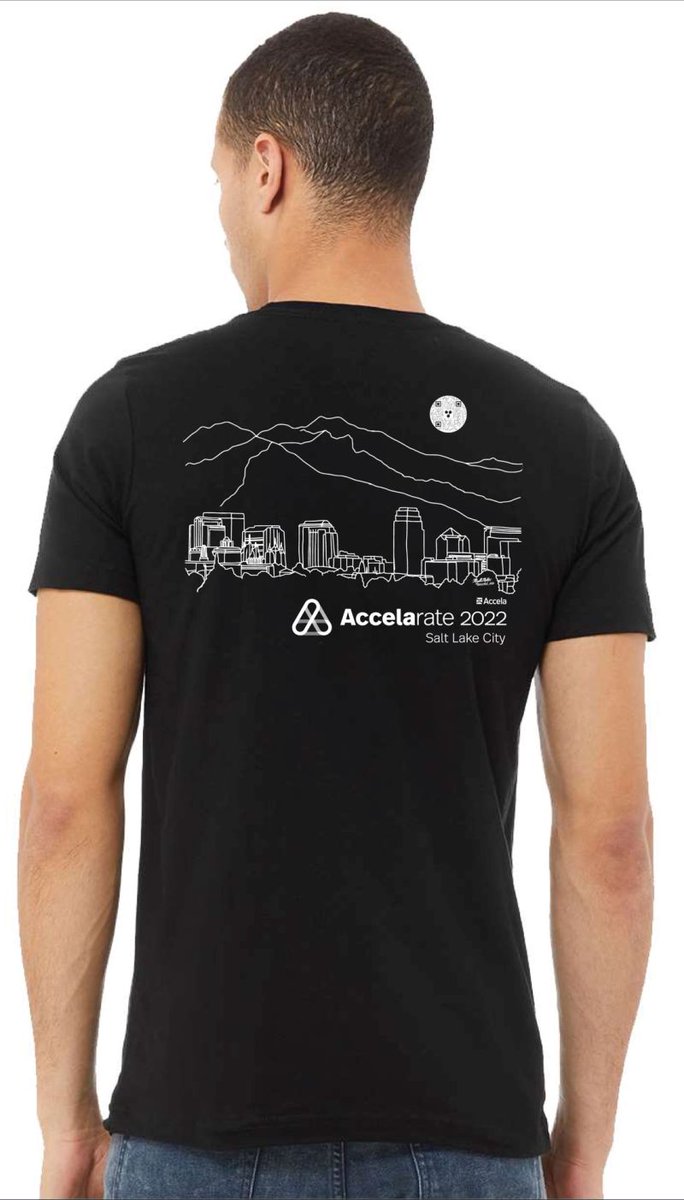 CivicGood4Gov's tweet photo. Wow! The @velosimoinc limited-edition @AccelaSoftware #Accelarate2022 shirts are very cool. White artwork on a soft black tee, with the Great Salt Lake cityscape and the amazing Wasatch Front, along with the official Accelarate 2022 logo! See us at Booth #2! https://t.co/X3occ9R8KE
