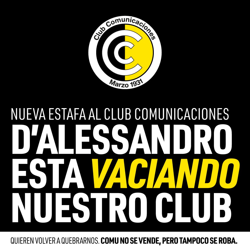 🚨 EL JUEZ D'ALESSANDRO VACÍA NUESTRO CLUB 🚨

⚖️ En un fallo 💥 ESCANDALOSO 💥 el juez Fernando D'Alessandro obliga al Club Comunicaciones a pagar su deuda con los dólares obtenidos a partir de la venta de una hectárea de nuestro predio, usando un tipo de cambio de... ¡37 pesos!