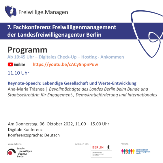 #OTD 6. Oktober | FACHKONFERENZ FREIWILLIGENMANAGEMENT. MORGEN IM LIVESTREAM dabei ➔ youtu.be/cACy5npnPuw. Zugang Digitale Workshops via ZOOM nach ANMELDUNG ➔ freiwillige-managen.de/fachkonferenz-…

#WerteGemeinschaftSein #Ehrenamt #Wissen für #Freiwilligenmanagement #Diversitätsoffenheit