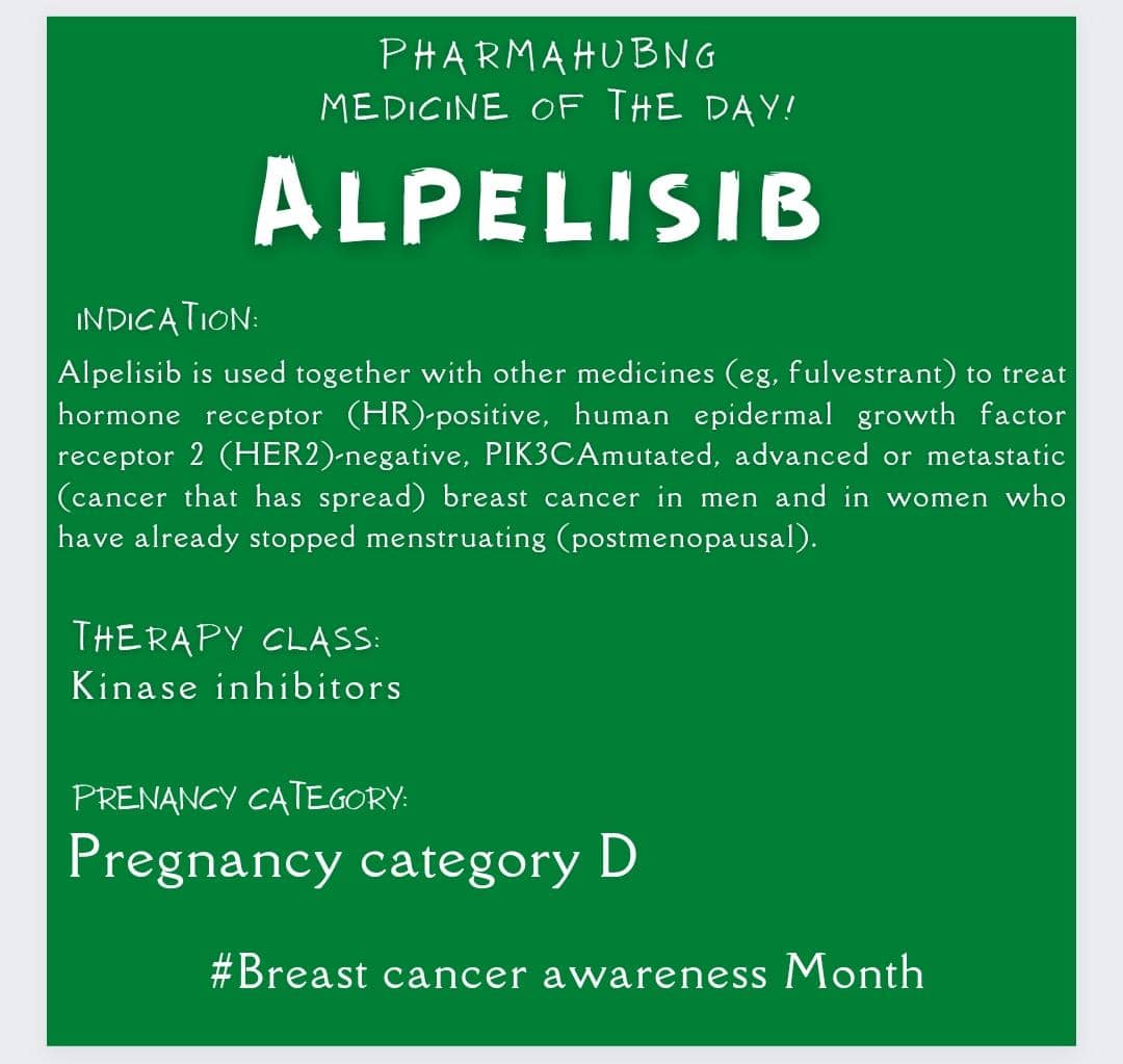 pharmahub_NG's tweet photo. Alpelisib, sold under the brand name #Piqray among others, is a medication used to treat certain types of #breastcancer. It is used together with fulvestrant. It is taken by mouth https://t.co/V9Ra0wiwfn