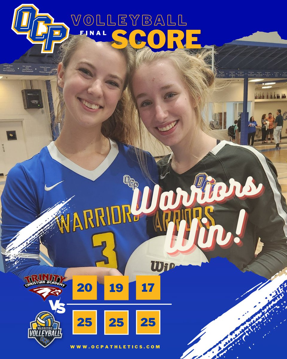 OCP Athletics (@ocpathletics) on Twitter photo Good win for #OCPVolleyball tonight over Trinity Chr. Academy (Deltona), 3-0.
Next: OCP travels to Forest Lake Academy on Wed. 10/5 (TH: 4:30p, 5:30p, 7p)
(pictured LtoR) Setter Lydia Mascari, team high 24 asst, and Libero Kalyn McIntyre, team high 19 digs.
<a href="/osvarsity/">Sentinel Varsity</a> Good win for #OCPVolleyball tonight over Trinity Chr. Academy (Deltona), 3-0.
Next: OCP travels to Forest Lake Academy on Wed. 10/5 (TH: 4:30p, 5:30p, 7p)
(pictured LtoR) Setter Lydia Mascari, team high 24 asst, and Libero Kalyn McIntyre, team high 19 digs.
<a href="/osvarsity/">Sentinel Varsity</a>